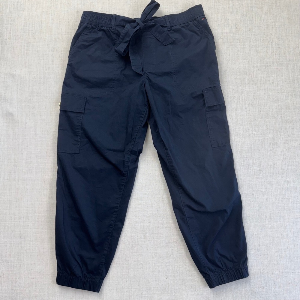 Tommy Hilfiger Womens Navy Blue Cargo Jogger Pants Elastic Waist Tie Belt L